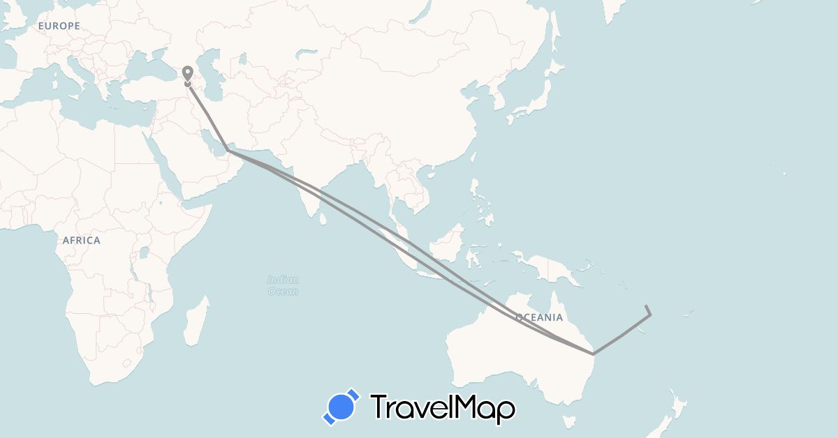 TravelMap itinerary: driving, plane in United Arab Emirates, Armenia, Australia, Singapore, Vanuatu (Asia, Oceania)